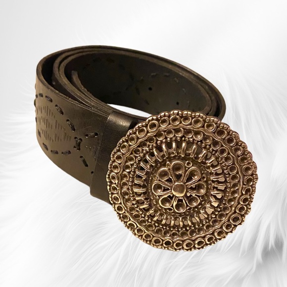 Fossil Accessories - Fossil Brown Belt Leather Statement Large Silver Buckle Boho Flower Tooled